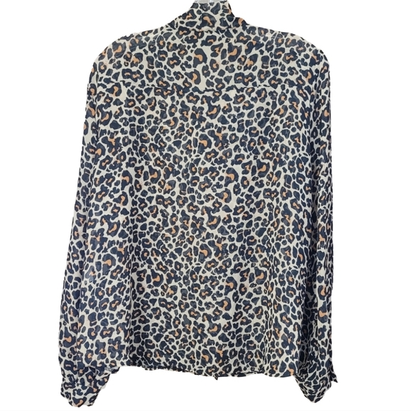 Leopard print high tie neck sheer long sleeve button front blouse - Picture 2 of 7